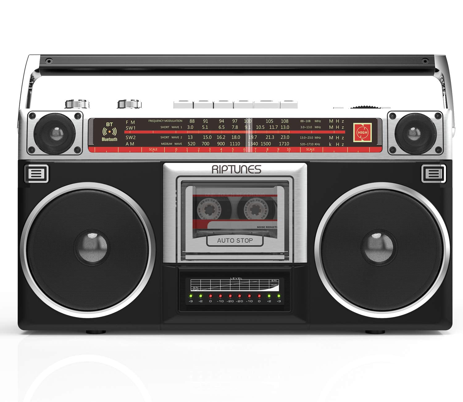 Boombox Riptunes Negro Estilo Clásico con Reproductor de Cassette y Radio AM/FM para Hombre