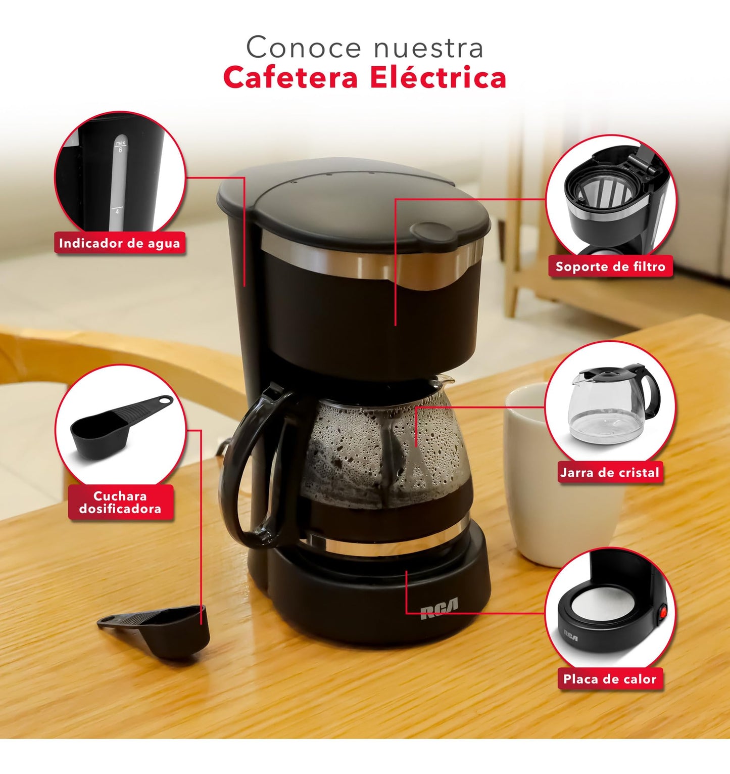 Cafetera Eléctrica RCA Cristal Filtro Extraíble 650W
