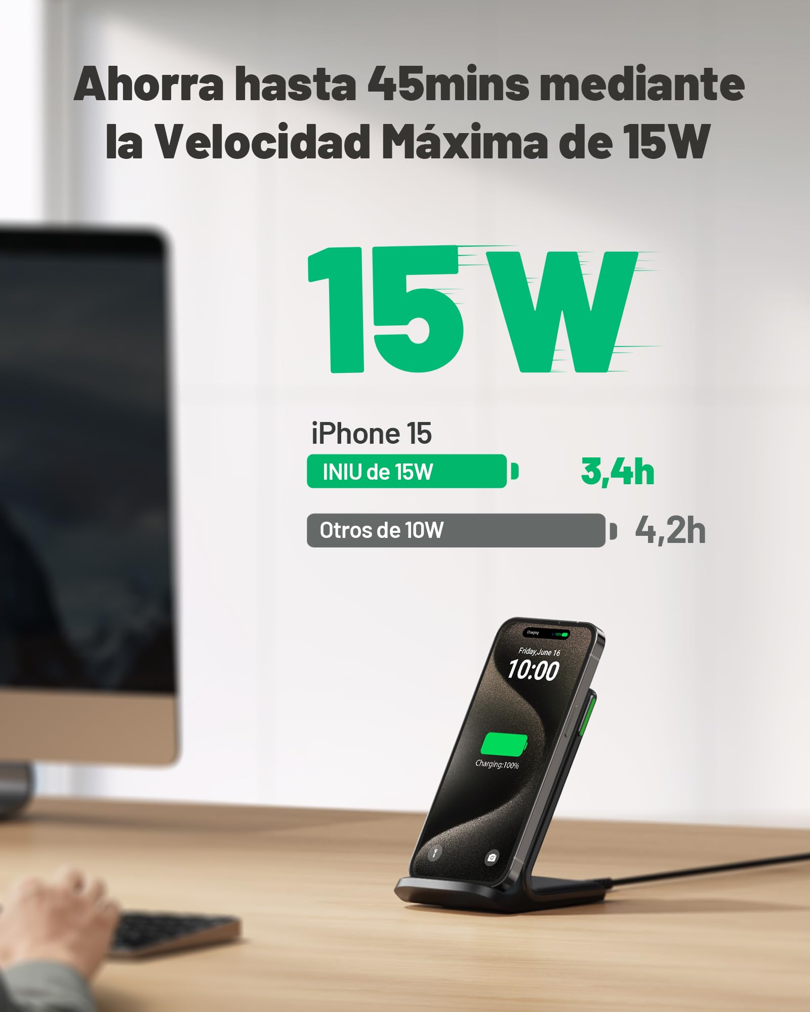 INIU Cargador Inalámbrico, 15W Qi Estación de Carga Inalámbrica，Wireless Base de Carga Rapida con Cable USB-C 1M, Accesorios para Celular iPhone 16 Pro MAX 15 14 13，Samsung s25 Ultra s24 s23 s21 etc.