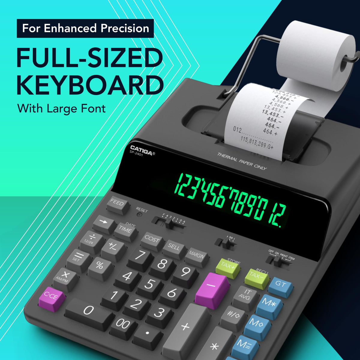CATIGA SP-2401 - Calculadora de impresión térmica de 12 dígitos con cinta de impresión, máquina de adición sin tinta, 5 veces más rápida bastante a 8.0 LPS, visualización fluorescente extragrande