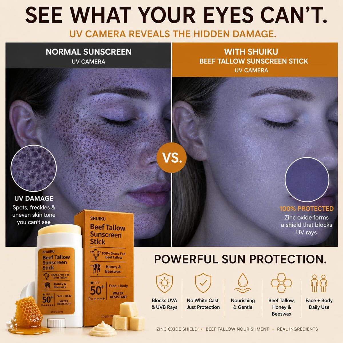 SHUIKU Barra De Protector Solar Orgánico De Sebo De Res Fps 50 – Protector Solar Mineral A Base De Sebo Con Miel Y Cera De Abejas Para Rostro Y Cuerpo, Bloqueador Solar Natural Resistente Al Agua, 15