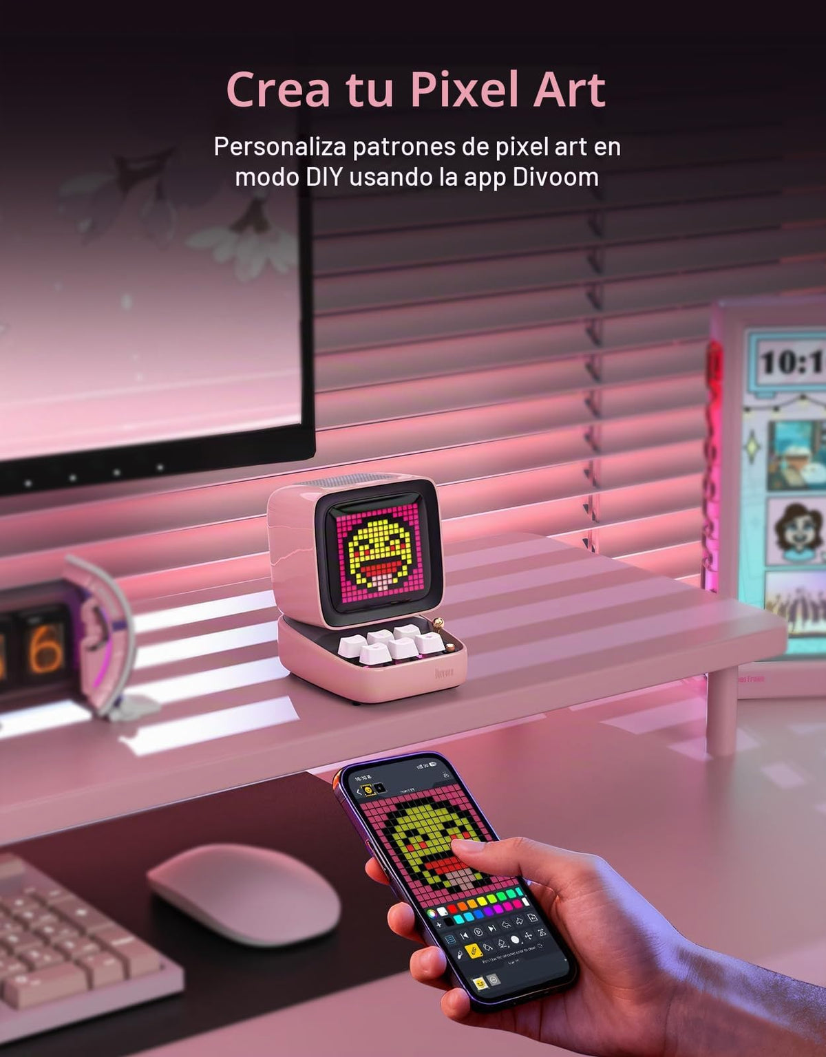 Altavoz Bluetooth Pixel Art Divoom Ditoo Rosa con Pantalla LED RGB y Teclado Mecánico