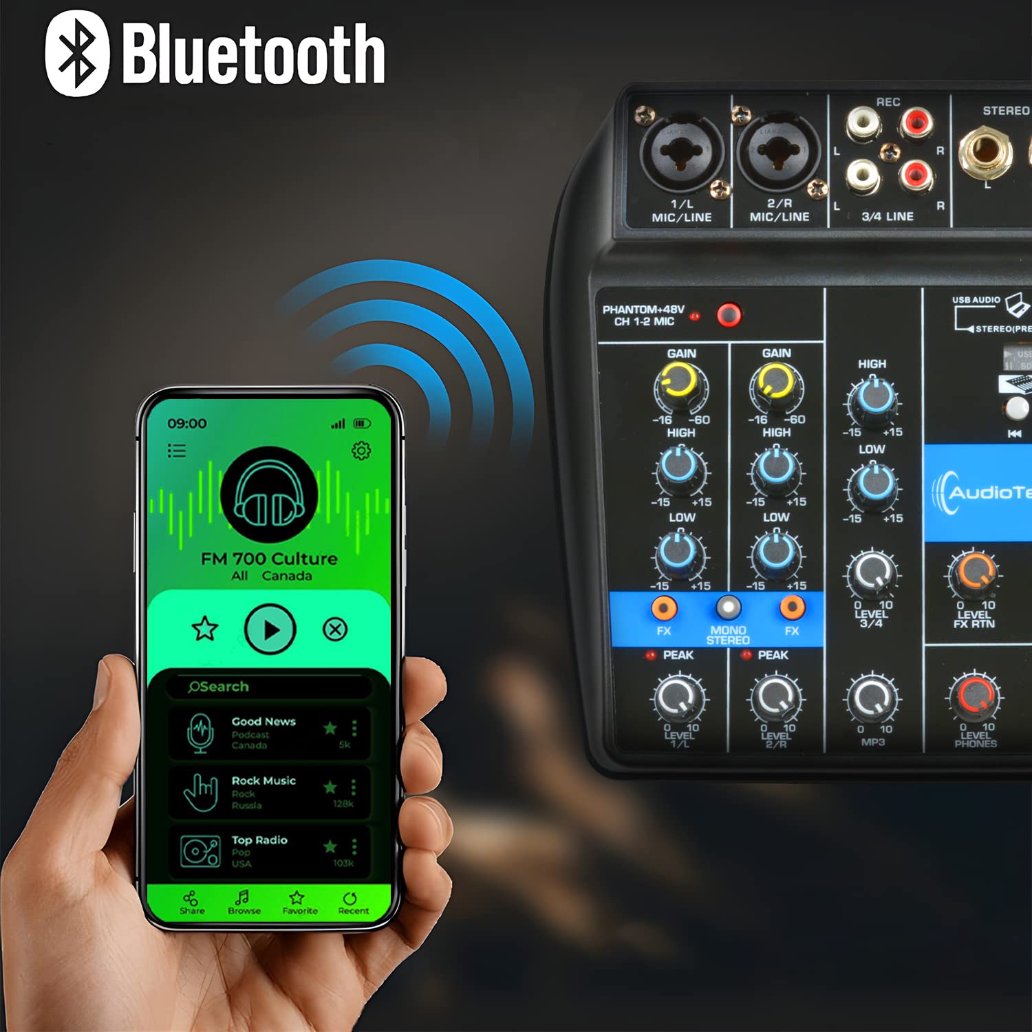 AUDIOTEK Mezcladora de Sonido 4 Canales Control de Efectos Mixer USB Interfaz Bluetooth DJ Potencia de 10 W Conexion Audifonos Phantom Power Consola de Audio Mezcladoras Reproductor y Grabador MP3