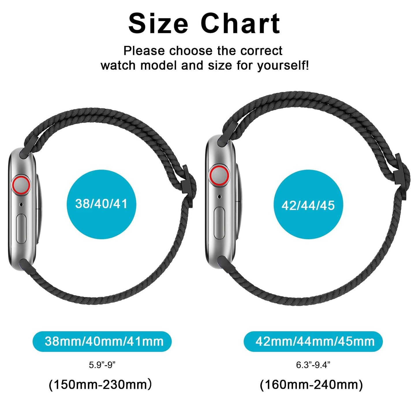 Correa Elástica Trenzada Mugust Negro Compatible con Apple Watch 42mm/44mm/45mm para Hombre y Mujer