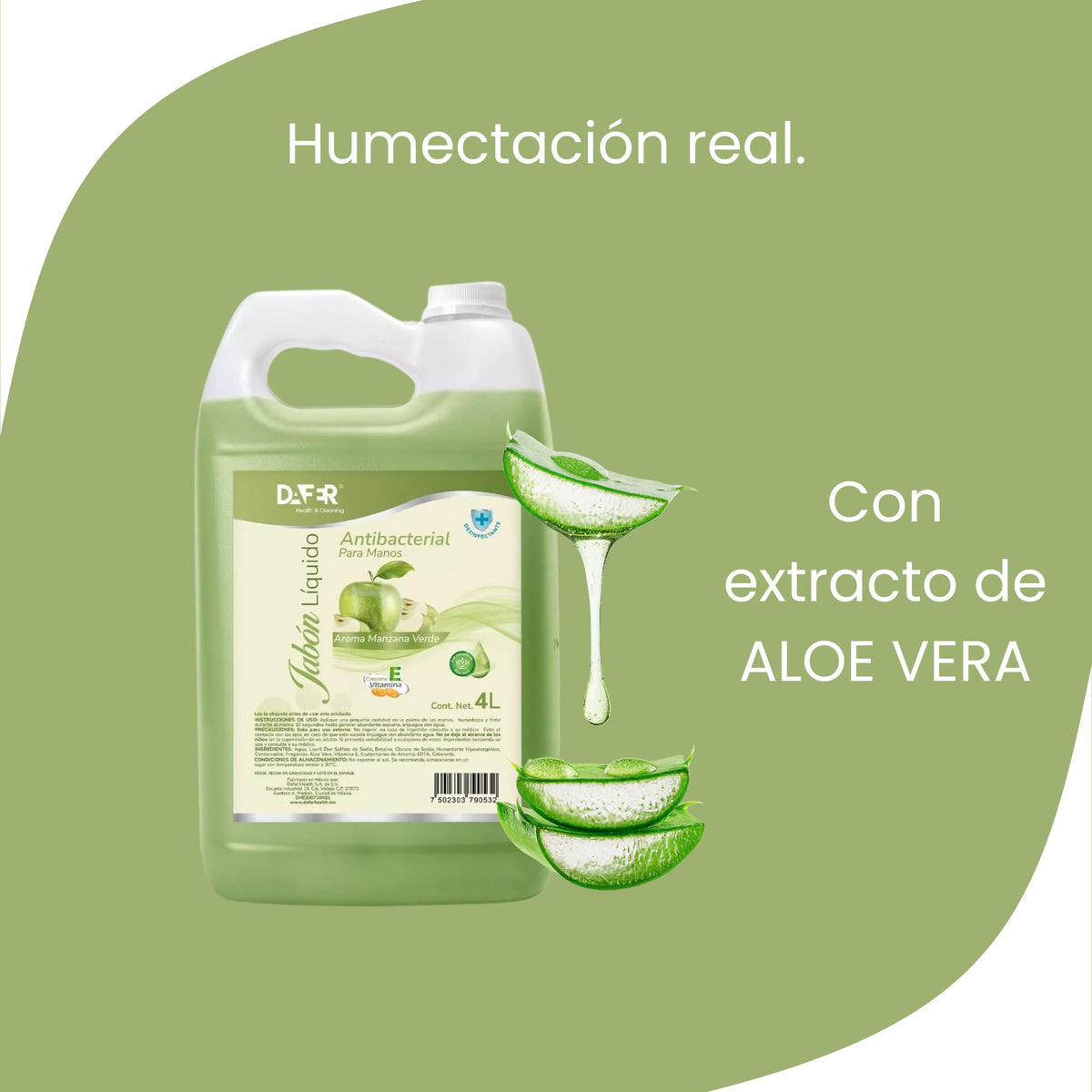 Dafer Health & Cleaning Jabón Líquido antibacterial para manos adicionado con Vitamina E y Aloe Vera por galón o garrafa, buena consistencia, shampoo para manos. (Manzana verde, 4L)