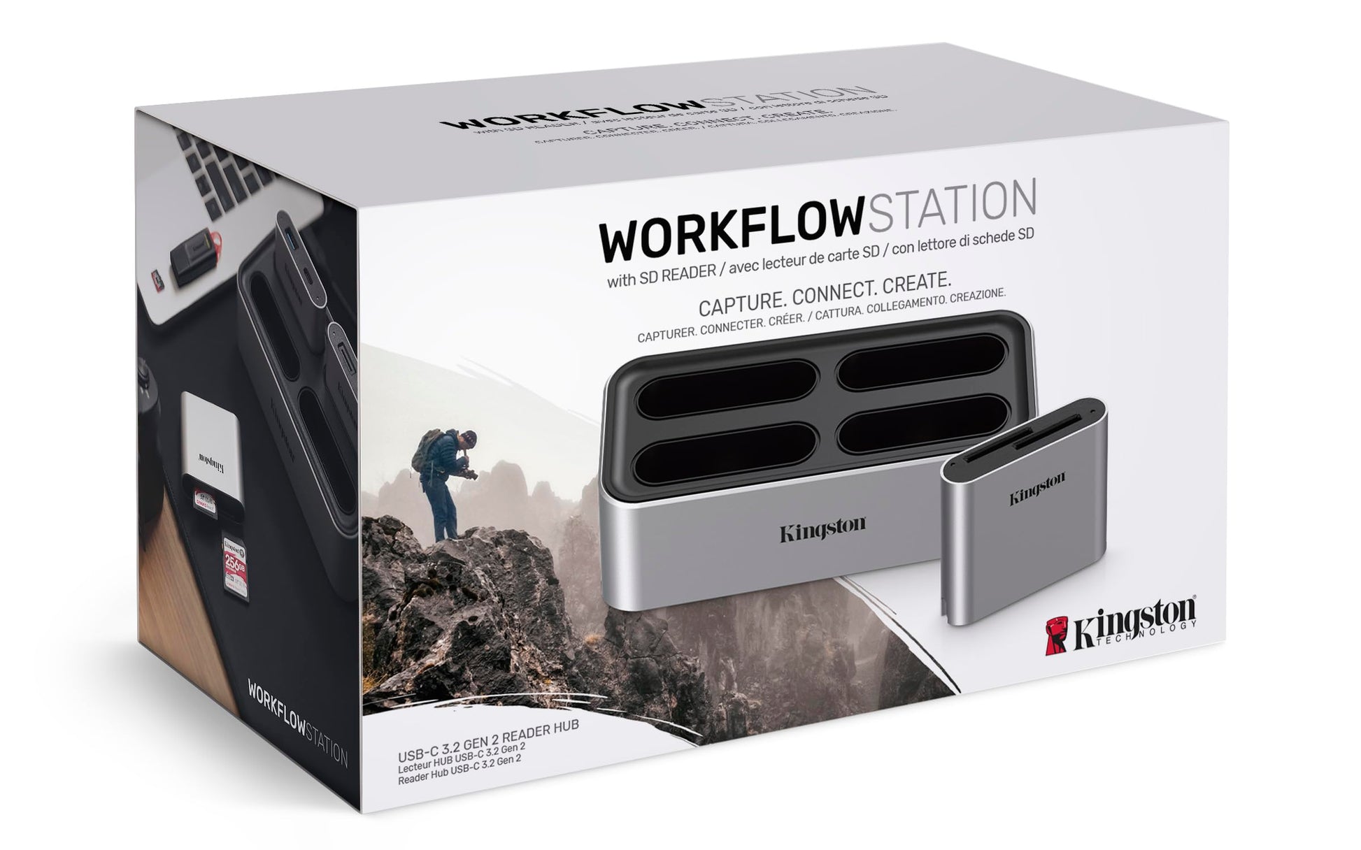 Kingston Lector Workflow Station, Interfaz: USB 3.2 Gen2, minihub USB 3.2 Gen1, Cable USB-C a USB-C, Adaptador De Corriente, SKU: WFS-S