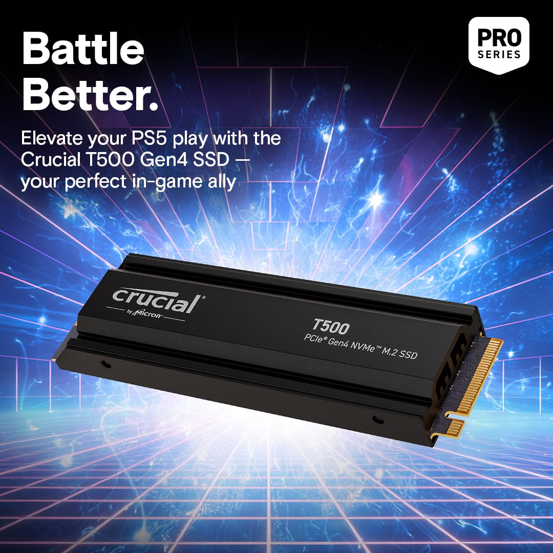 Crucial T500 1TB Gen4 NVMe M.2 SSD Interno para Juegos con disipador de Calor, hasta 7300 MB/s, Compatible con PlayStation 5 + 1mo Adobe CC Todas Las Aplicaciones - CT1000T500SSD5