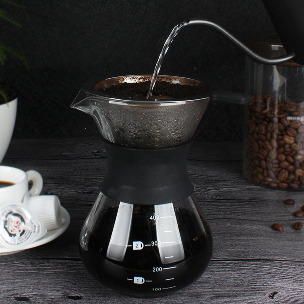 Cafetera, cafetera de Vidrio con Filtro Permanente de Acero Inoxidable.Cafetera Manual Dripper 400ml