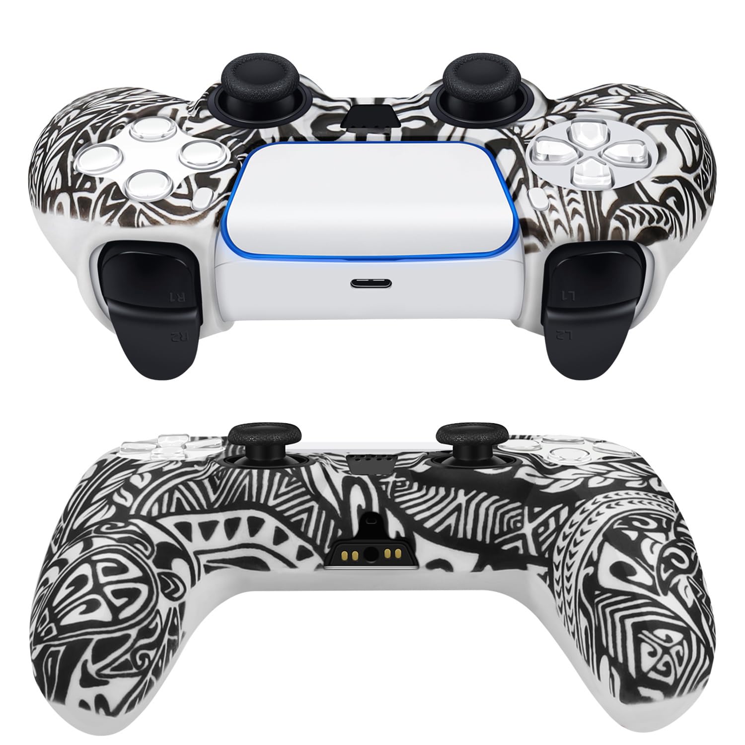 Funda de Silicona TNP PS5 Negro con 8 Empuñaduras Tribales Ergonomía para PlayStation 5