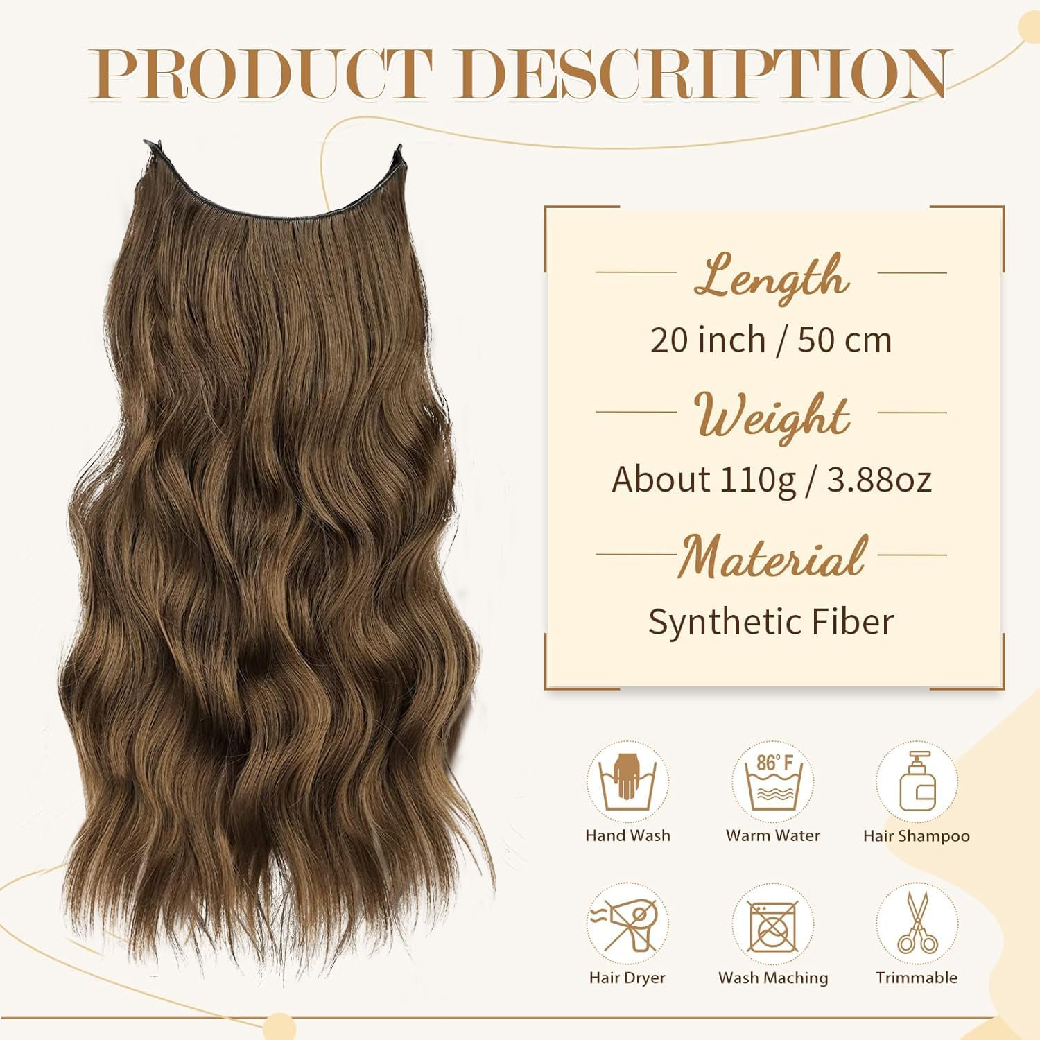 Extensiones de Cabello Natural Ondulado, Extensión de Liga, Extensiones de Cabello Ondulado, Extensiones Halo con Diadema Invisible, 3/4 Cabeza Completa Ondulada Extensiones Cabello con Clip Seguros Extraíbles, Tamaño Ajustable, Resistente al Calor Extraí