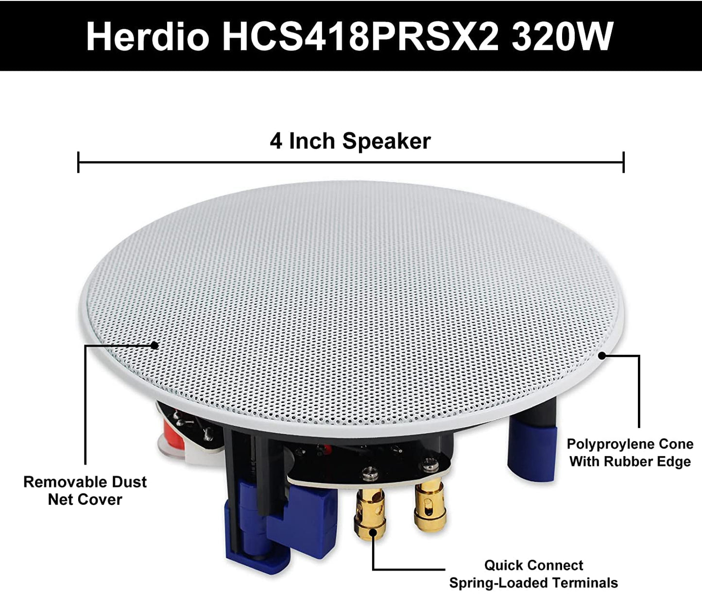 Herdio - Altavoces de techo de 320 vatios de 2 vías de montaje empotrado de 4 pulgadas para baño, cocina, sala de estar, oficina, 4 altavoces