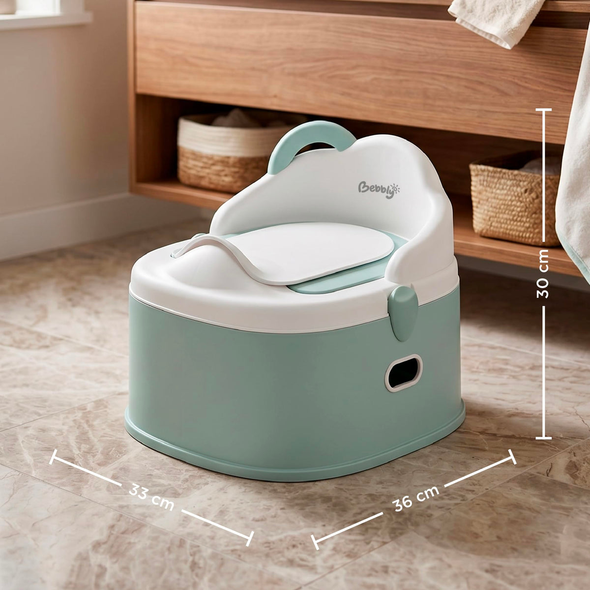 BEBBLY Bañito Entrenador Infantil 3 en 1, Bacinica, Asiento Reductor y Banco con Almacenamiento Antiderrapante para Niños de 6 Meses a 3 Años, Fácil de Limpiar, para Aprender a ir al Baño (Verde)
