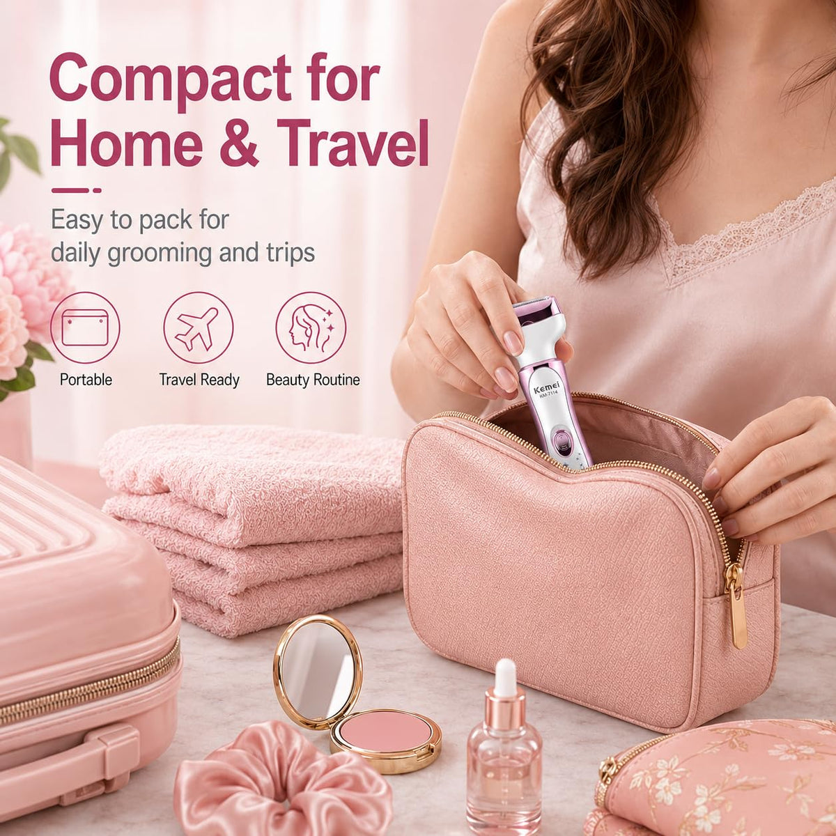 KEMEI 7114 - Maquinilla de afeitar eléctrica para mujer, 4 en 1, removedor de pelo indoloro para cara, cejas, nariz y bikini, recargable en húmedo y seco, color rosa