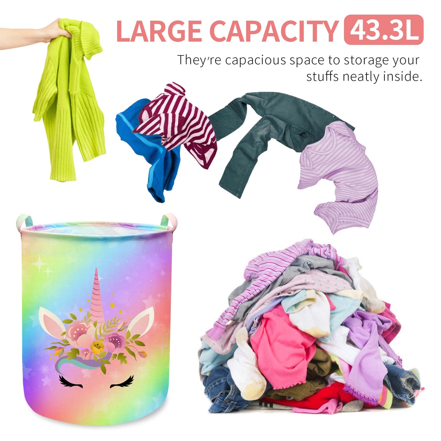 Cesta de lavandería con diseño de unicornio, de gran tamaño, redonda, impermeable, plegable, organizador de habitación de niñas, recámara, cuarto de bebé, ropa de sala de juegos (43.3 l, lindo