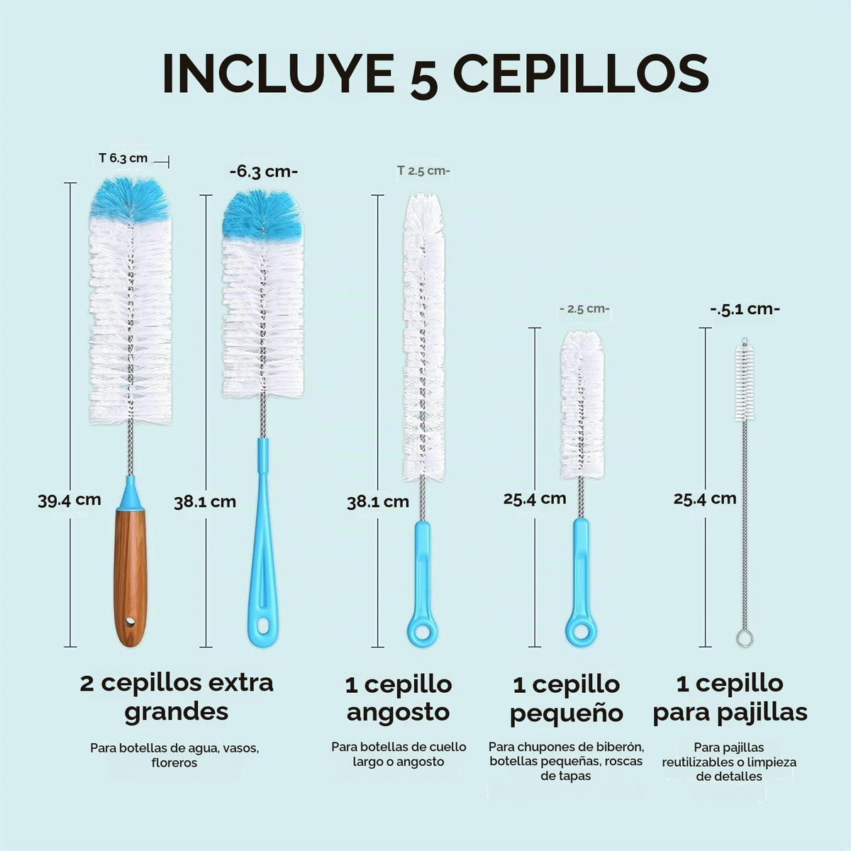 Turbo - Juego de 5 cepillos para botellas de microfibra, para limpiar biberones, botellas de agua, vasos, decantadores de vino, frasco, bong, limpiador de jarrones, un cepillo para polvo limpiador de