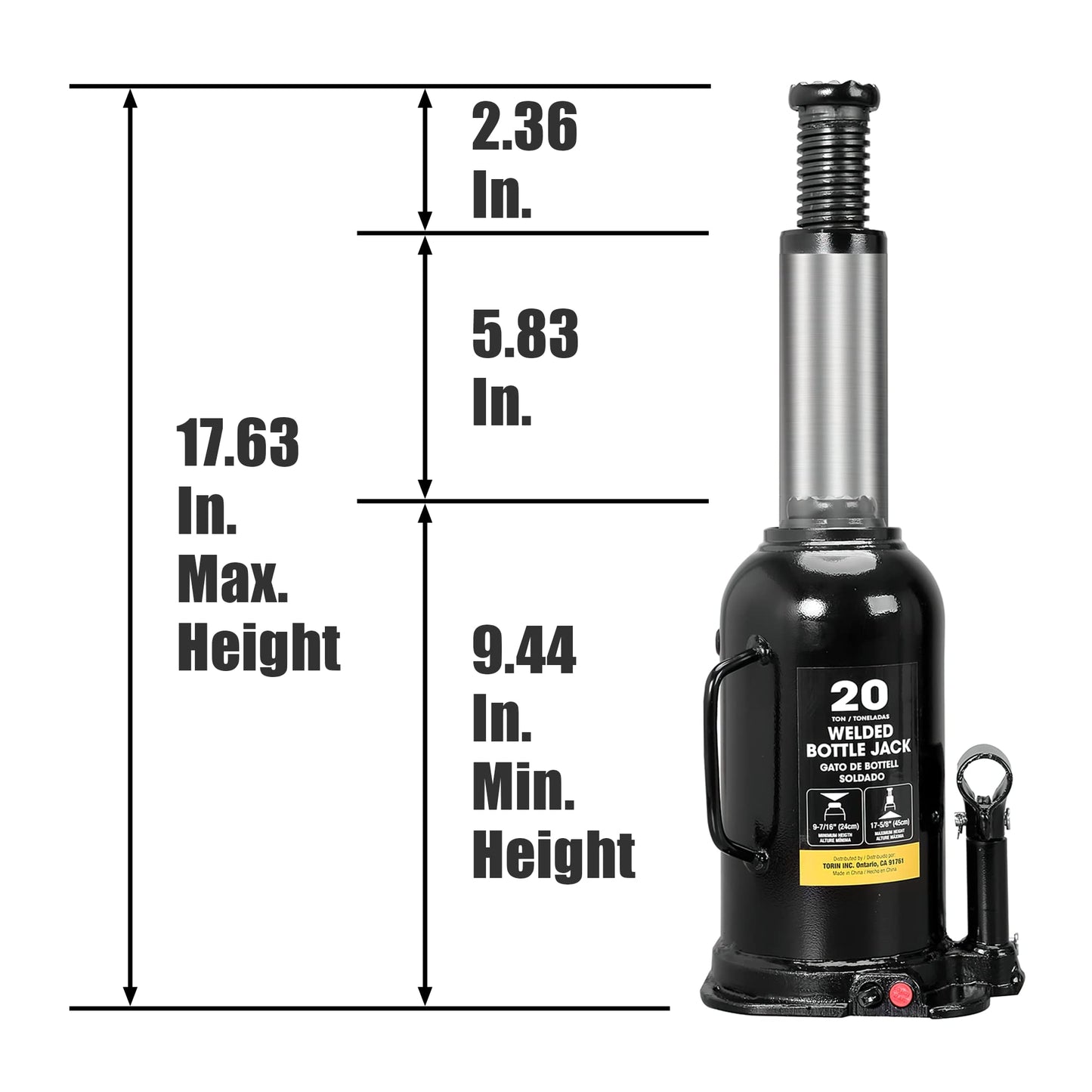 Torin AT92003BB - Gato de Botella Soldado hidráulico de 20 toneladas (40 Libras), Color Negro