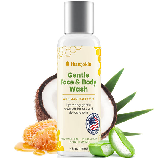 Gentle Moisturizing Organic Face & Body Wash (4 oz) Manuka Honey, Eczema, Psoriasis, Acne, Rosacea, Aloe Vera, Botanicals, No Parabens, No Sulfates, No Fragrance, Non-Allergenic by Honeyskin