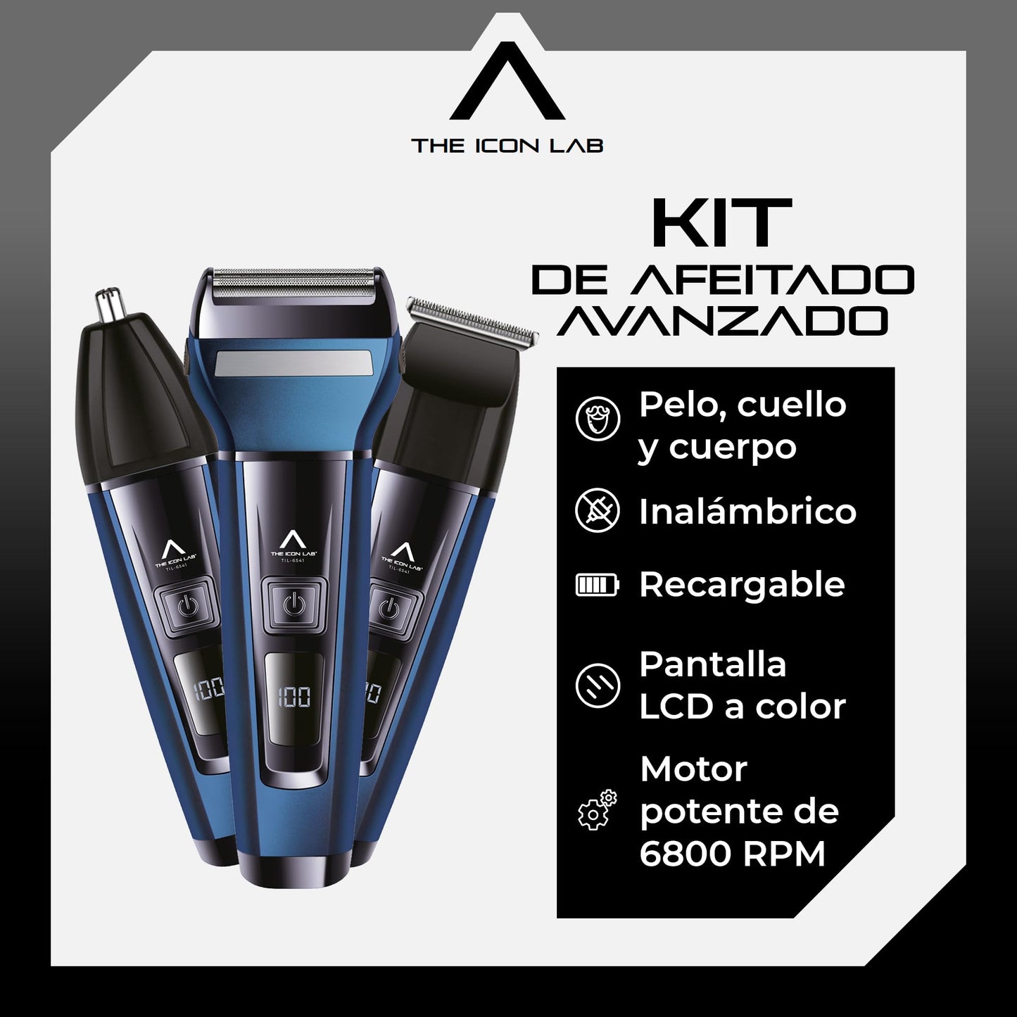 THE ICON LAB | Kit de Afeitado Inalámbrico | Pantalla LCD | Motor 6 800 RPM | Red de Cuchillas Flotantes + 3 en 1 | Resistente al Agua | 80 Min de Uso | Recargable USB | Regalos para Hombre