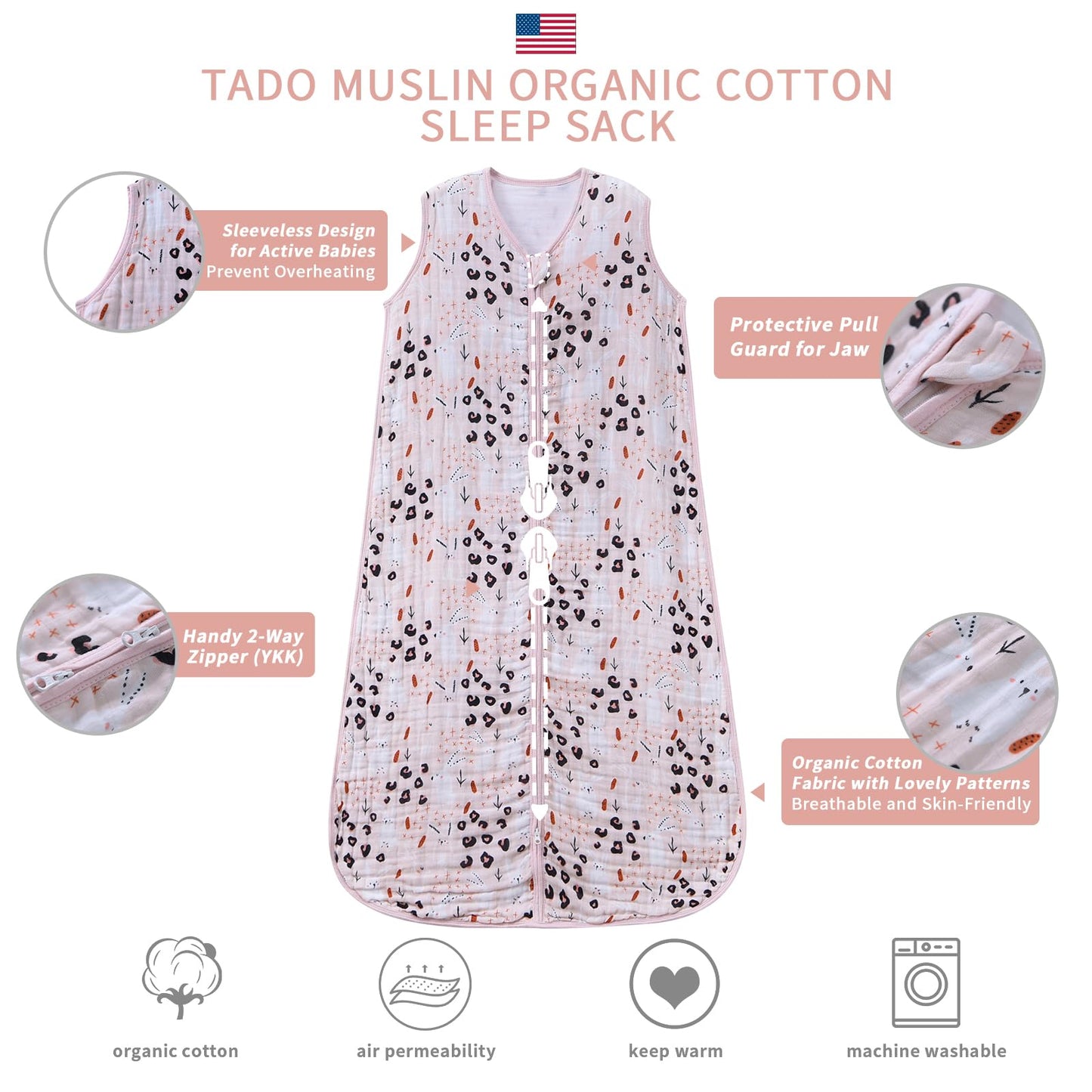 TADO MUSLIN Saco de Dormir para Bebé 2-4 T Niños y Niñas Manta Vestible 100% Algodón Orgánico 0.5 TOG Sacos de Dormir para Niños Pequeños Cremallera de 2 Vías Talla X-Large Saco de Dormir de Muselina