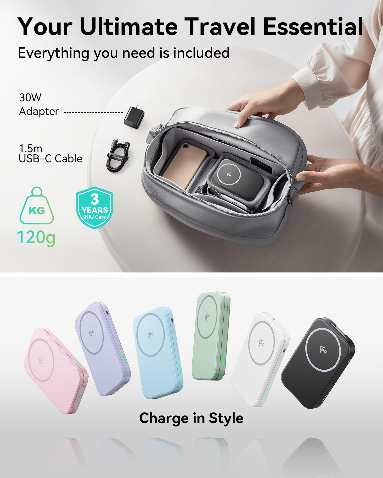 INIU 3 en 1 estación de Carga inalámbrica, Qi2 Certificado 15 W Cargador de Viaje para Apple múltiples Dispositivos, Soporte de Cargador Plegable para iPhone 16, 15, 14, 13 y 12 Series Apple Watch