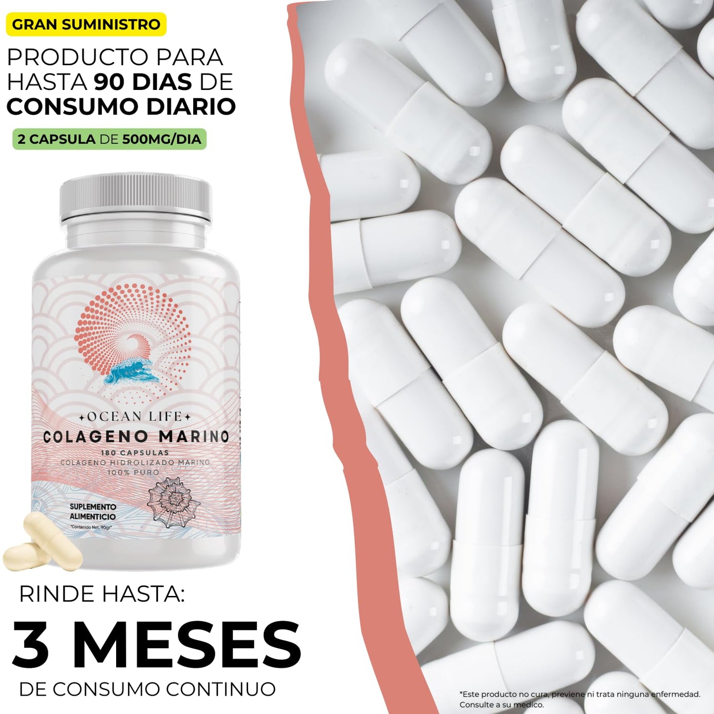 Colageno Marino Hidrolizado 100% Puro [Extremadamente Eficaz] 180 Capsulas 500mg (Potente Efecto Hidratante y Revitalizante) - Alta Absorcion - Eficaz Formulacion - OceanLife