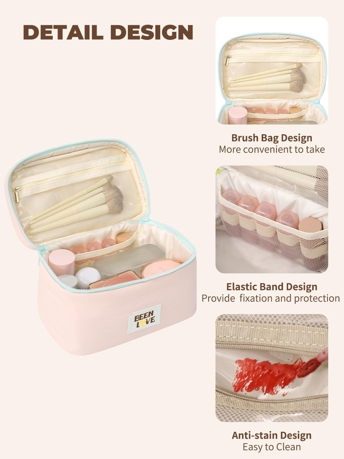 Lalamisi - Bolsa de maquillaje de viaje para mujer, bolsa de maquillaje de gran capacidad, bolsa organizadora, bolsa de aseo portátil, impermeable, con asa y divisor, Rosado, Bolsa de cosméticos de