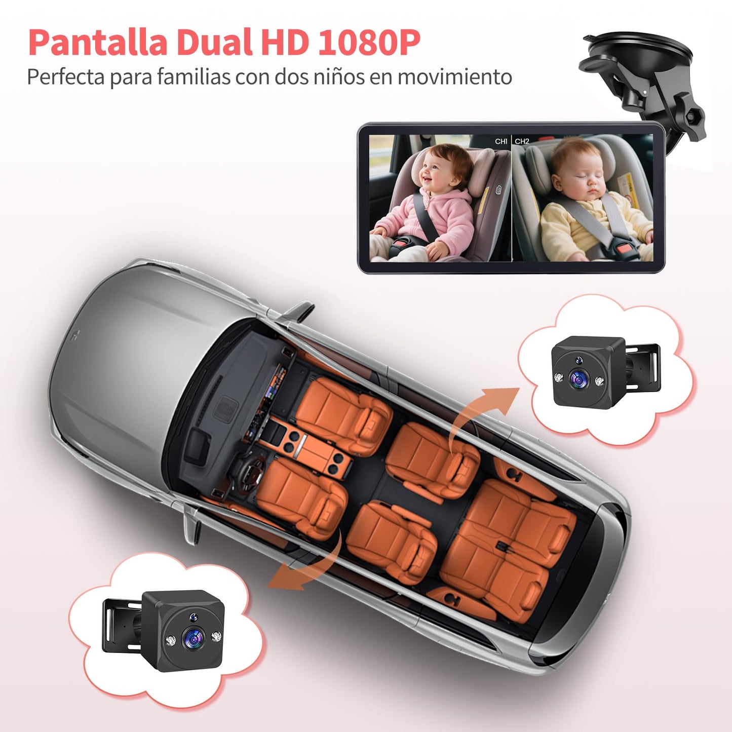 Muja Cámara Coche Bebé Asiento Trasero, Pantalla HD de 7 Pulgadas 1080p, El Coche con 2 Cámaras Giratorias de 360°, Lente Gran Angular de 150°, Visión Nocturna, Garantizar la Seguridad del Bebé