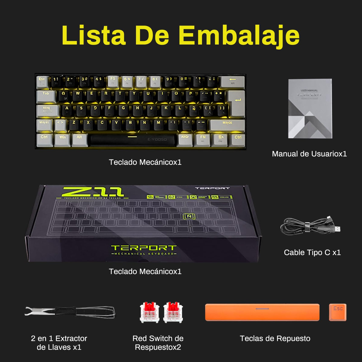 Teclado Mecánico TERPORT Z11 Amarillo Compacto 60% Gaming Alámbrico Anti-Ghosting