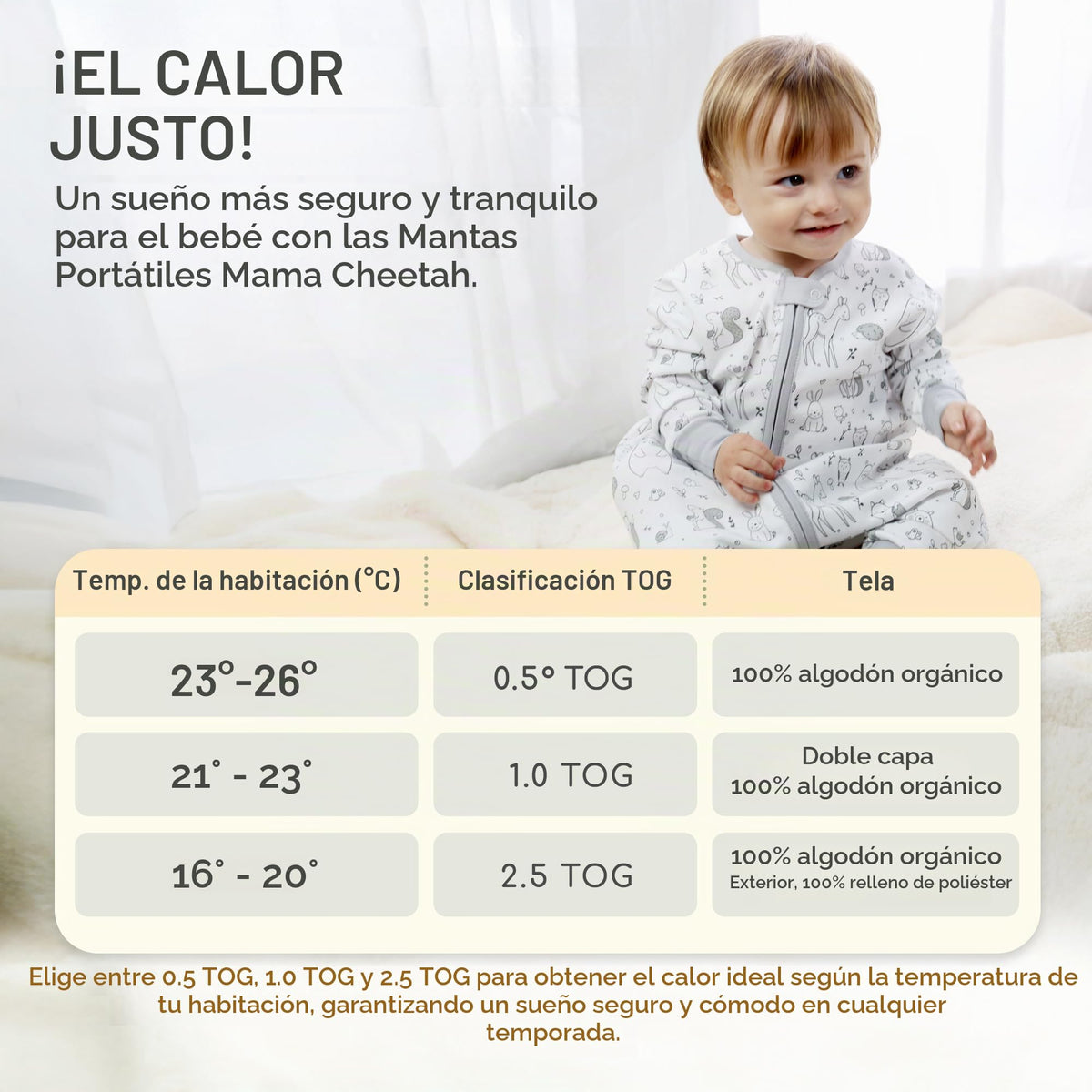 Saco de Dormir para Niños con Pies de Mama Cheetah, Saco de Dormir de Manga Larga 0.5 TOG de Algodón Orgánico para Bebés con Patas, Manta Portátil para Caminantes con Cremallera de 2 Vías, Manta para