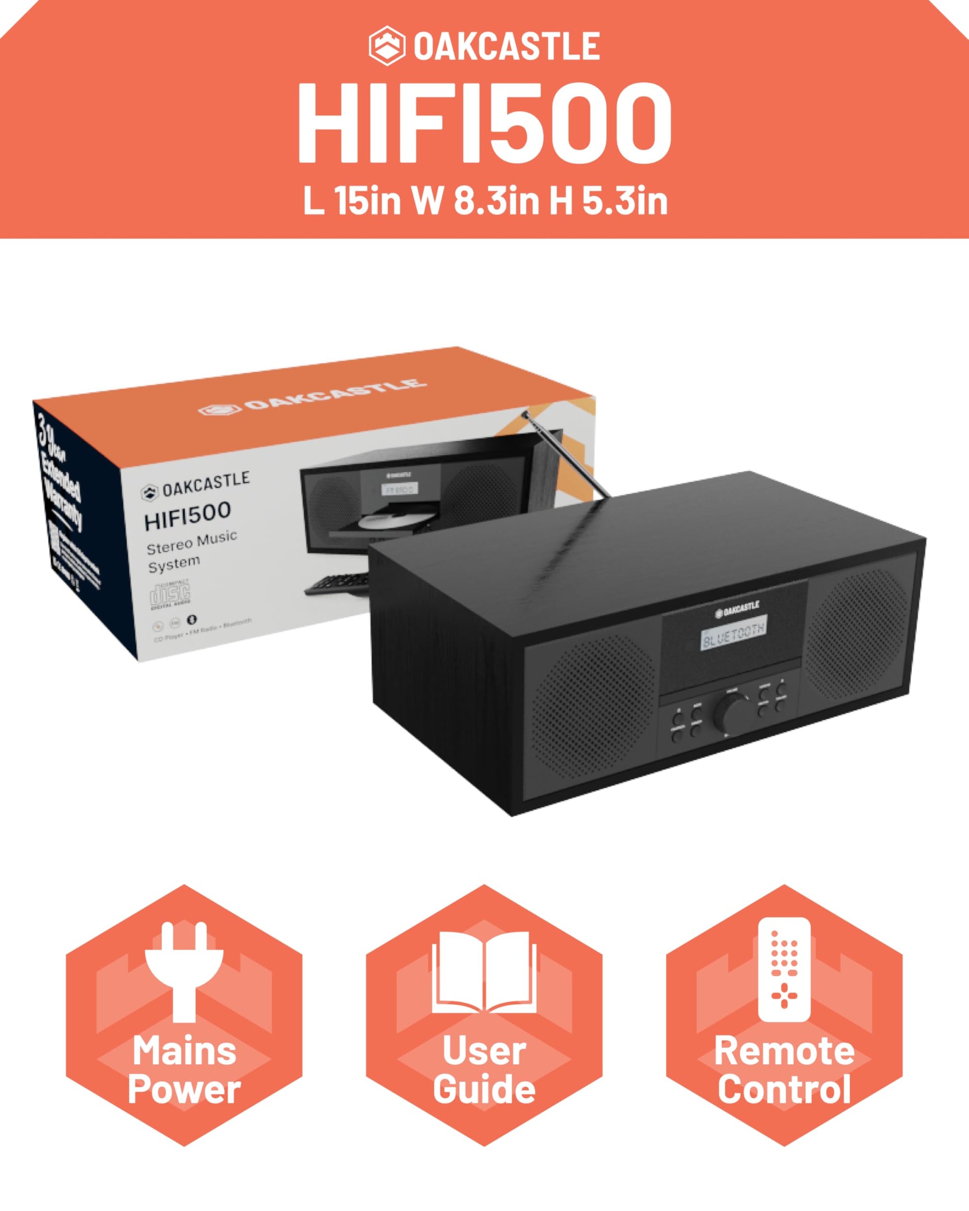 Sistema estéreo Bluetooth 5.2 para el hogar | Potente reproductor de CD de 60 W con altavoces estéreo integrados y control remoto | Reproducción USB y AUX | Radio FM, 30 preconfiguraciones