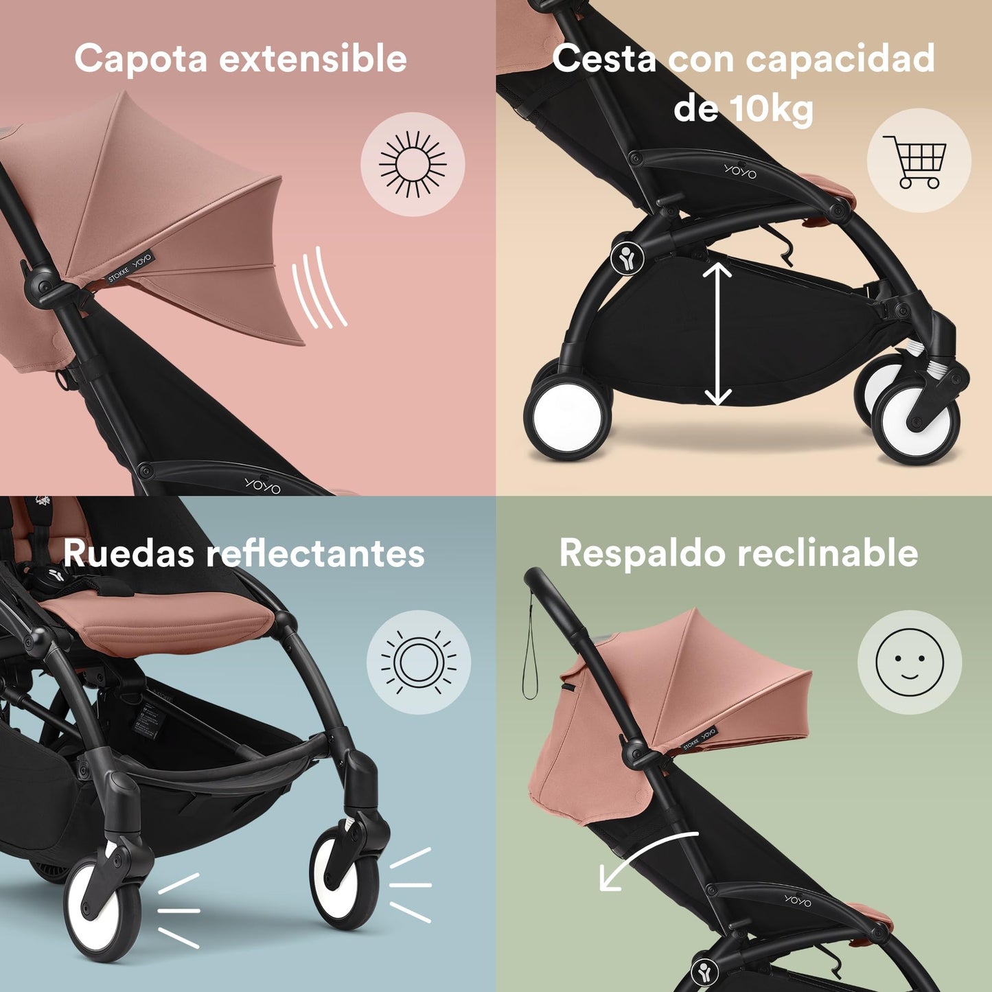 Carriola Stokke YOYO3 a partir de 6 meses - Incluye chasis negro/cojín de asiento Ginger + dosel - Se pliega y despliega en un instante - Ligera y compacta - Compatible con equipaje de mano