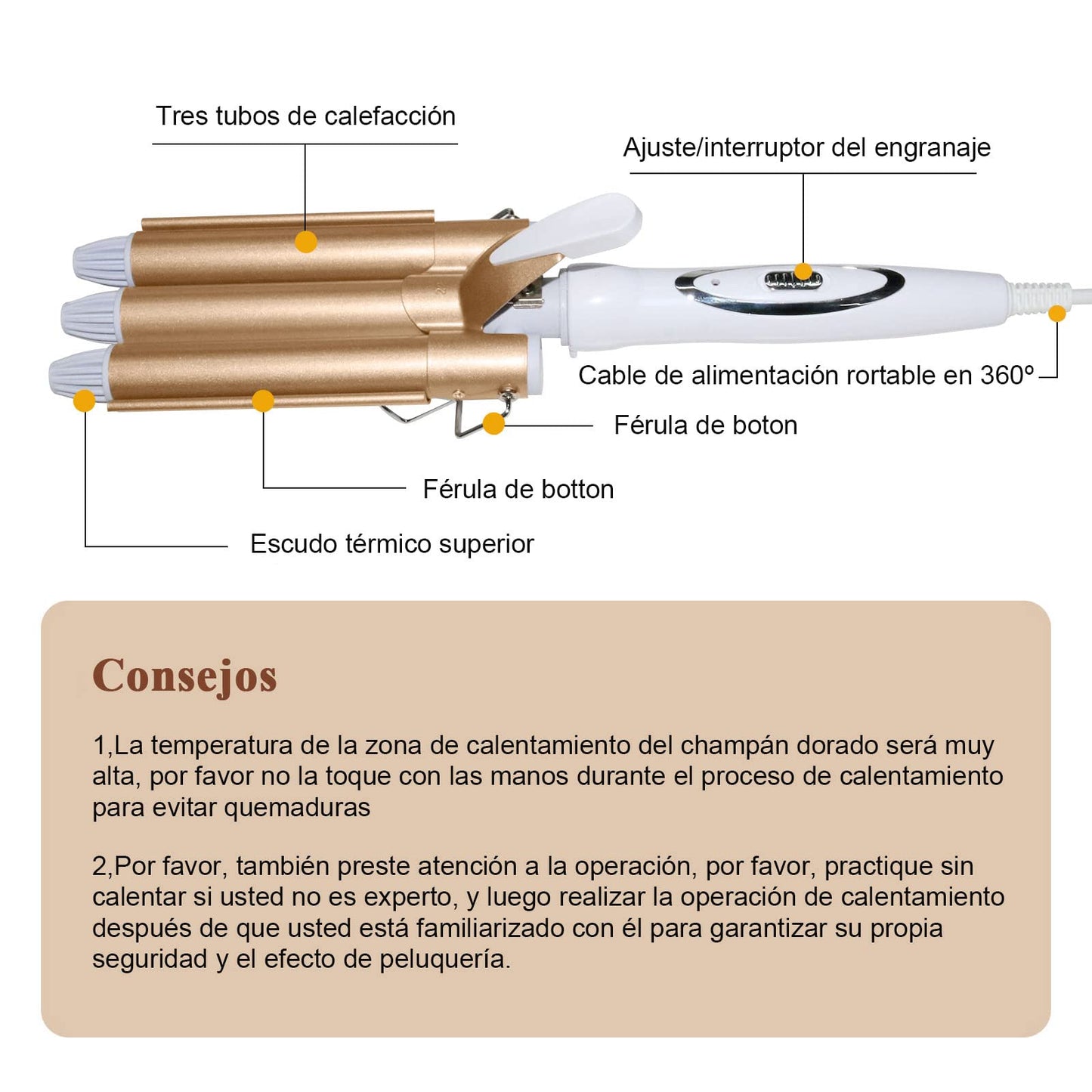 Rizador de Pelo,25mm Rizador De Cabello Ondas Cerámica 3 Barriles,Rizador para Cabello,Ondas Cerámica con Temperatura Ajustable, Calienta Rápidamente para Mujer en Casa y Viaje, Cabello Largo o Corto Herramientas de Peinado,Oro