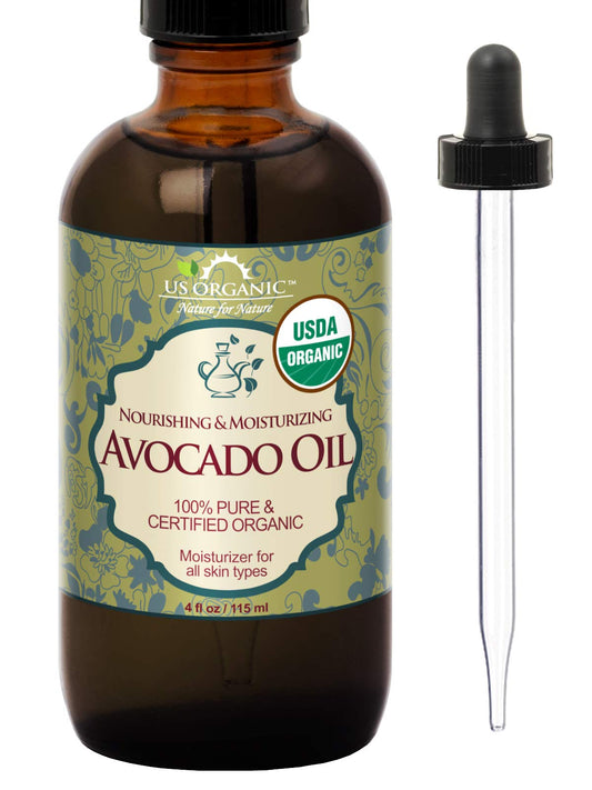 US Organic, Aceite de Aguacate Virgen, Sin Refinar, Certificado Orgánico por USDA, 100% Puro y Natural, Prensado en Frío, en Botella de Vidrio Ámbar con Cuentagotas para Fácil Aplicación (115 ml)