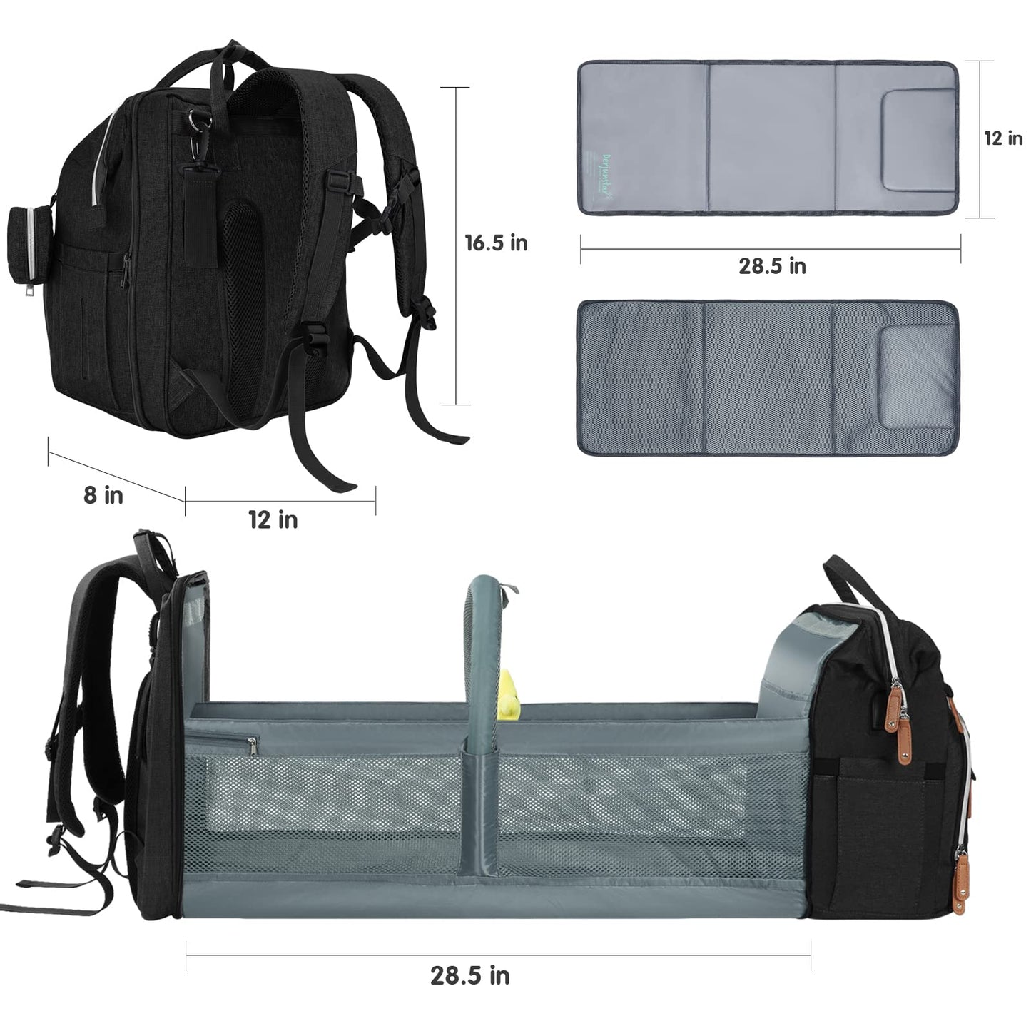 DERJUNSTAR - Mochila para pañales de gran capacidad con cambiador, mochila de viaje impermeable para niños y niñas, bolsa de bebé multifunción con puerto de carga USB, color negro