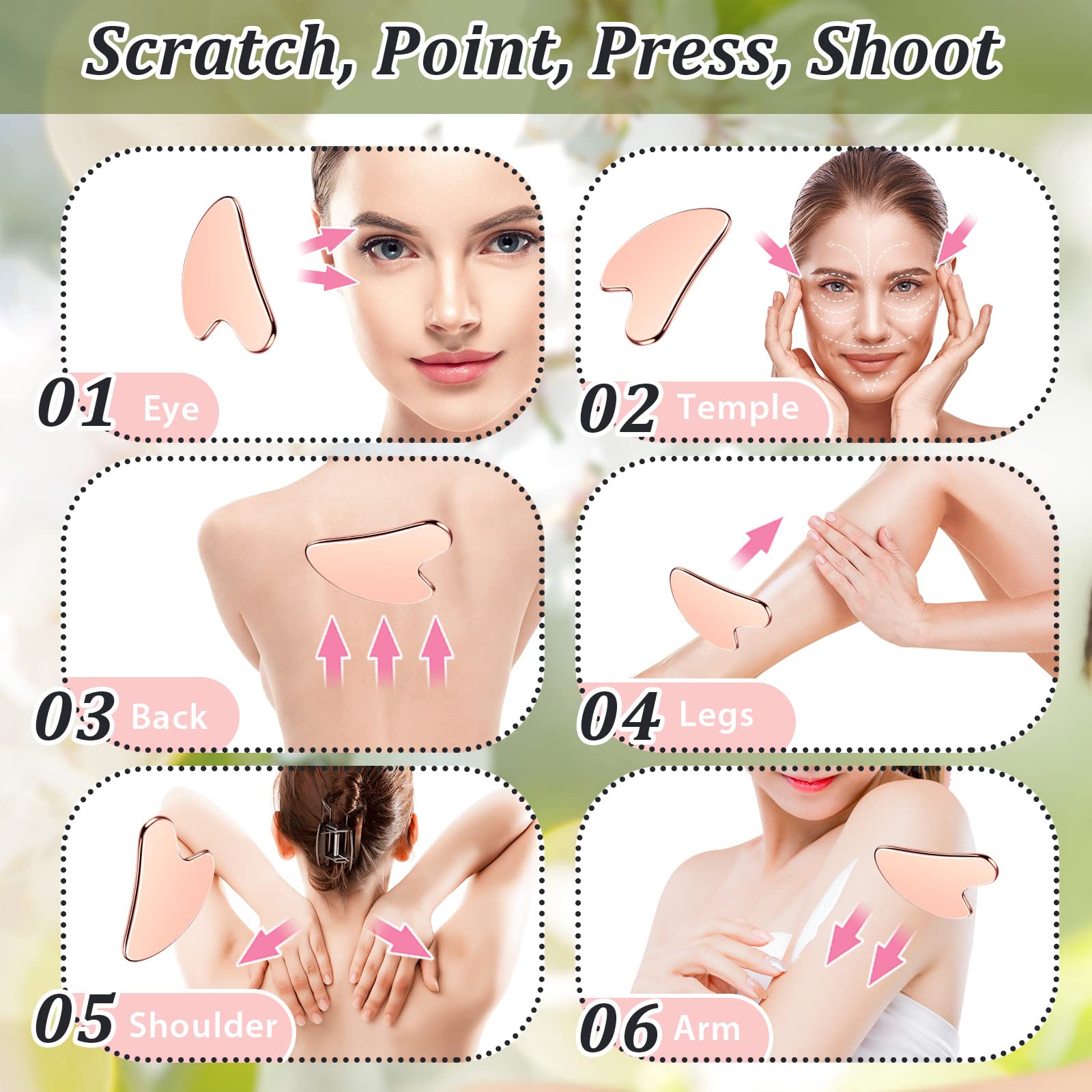 Herramienta Gua Sha de acero inoxidable para el cuidado de la piel, herramienta de masaje de belleza para el cuerpo y los ojos y el cuello con bolsa de viaje (oro rosa)