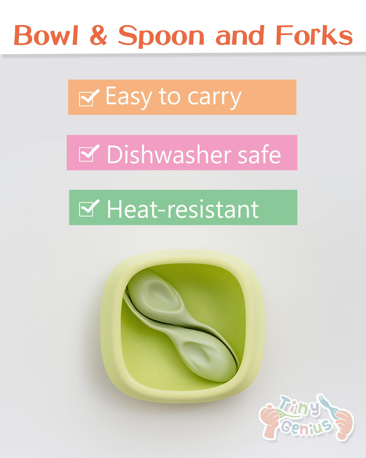 Tiny Genius - Juego de cubiertos para niños pequeños, tenedor de silicona para destete con luces LED para bebé, cuchara y tazón, sin BPA, utensilios de entrenamiento autoalimentados, fáciles de