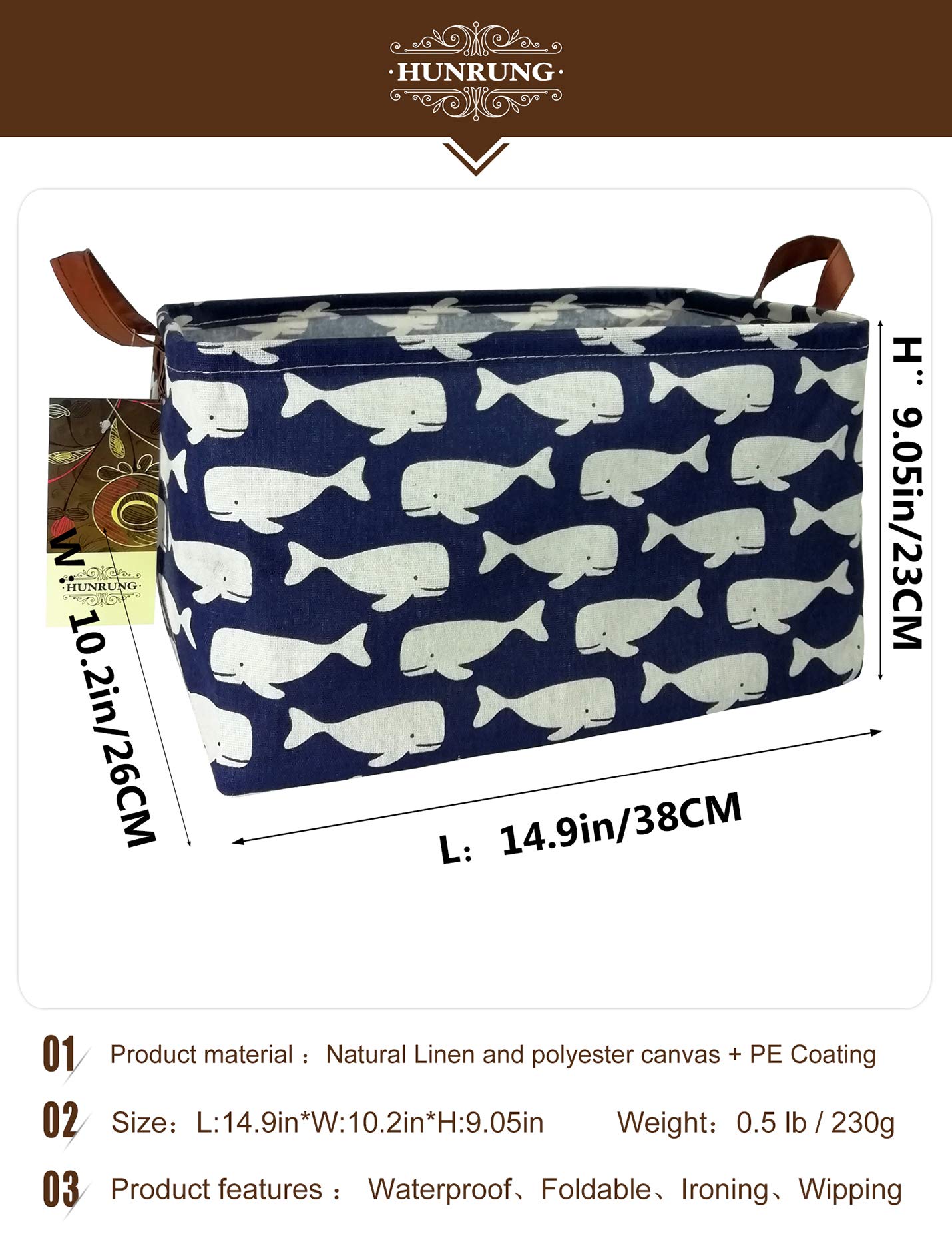 HUNRUNG Cesta de almacenamiento rectangular de lona para juguetes de mascotas/niños, libros, ropa perfecta para habitaciones infantiles/sala de juegos/estantes, Ballena (Whale), Large