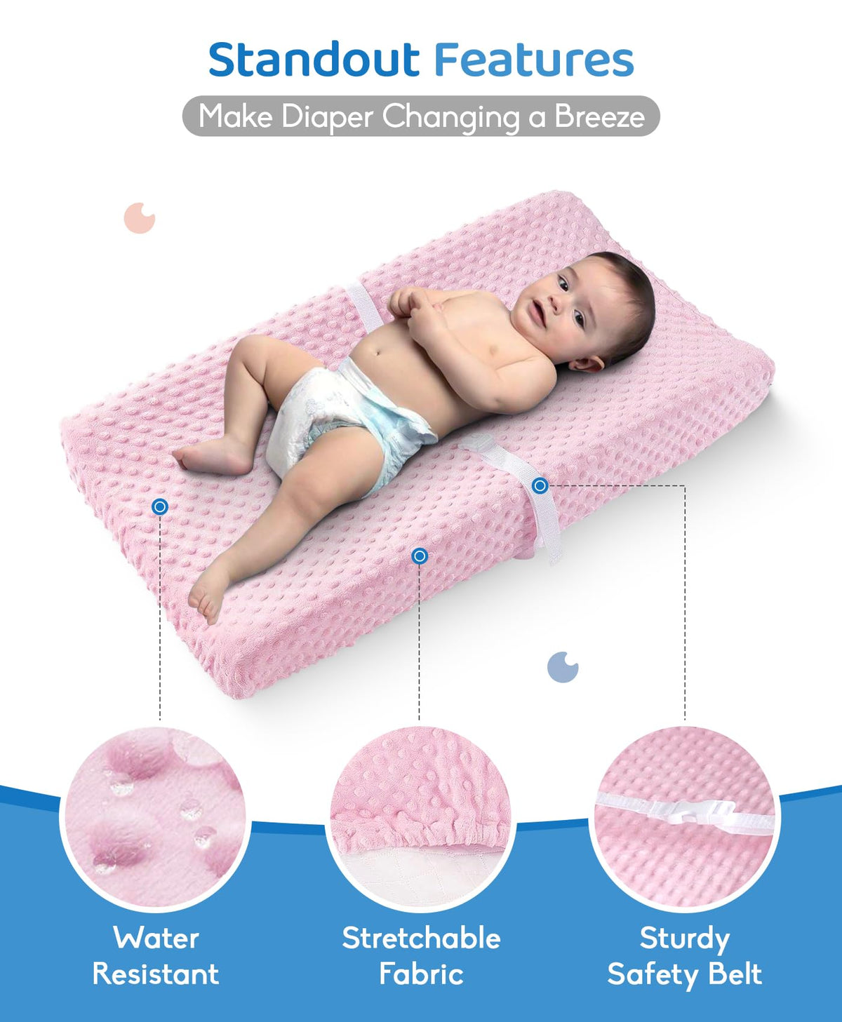 LOONAH - Cambiador pequeño compacto con cubierta, 27 x 16 pulgadas, cambiador de pañales contorneado para cuna combinada con cambiador, impermeable e hipoalergénico, correa de seguridad con hebilla de