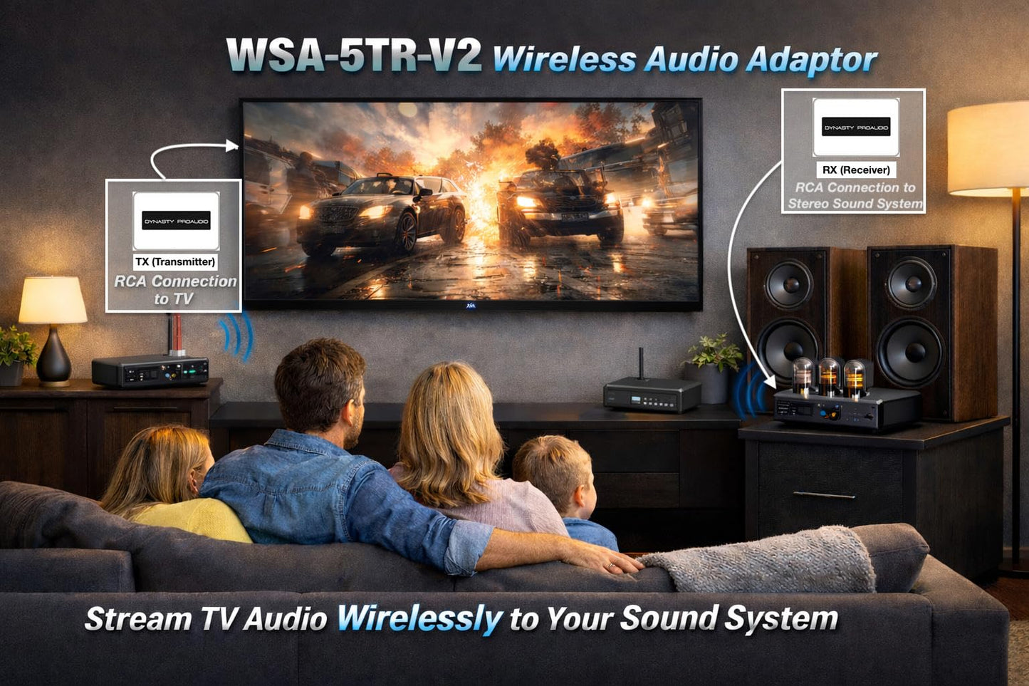 DYNASTY PROAUDIO WSA-5TR-V2 Adaptador de audio inalámbrico/kit de subwoofer (1TX+1RX), latencia ultra baja, banda dual 5.2/5.8GHz, fácil configuración para TV/PC con subwoofers alimentados y altavoces