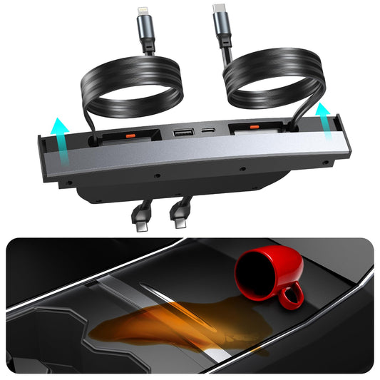 Hub USB para Tesla Modelo 3 Modelo Y impermeable, cargador rápido de teléfono para accesorios modelo Y/3 2024 2023 2022 2021 estación de acoplamiento retráctil multipuerto, consola central 100% (no