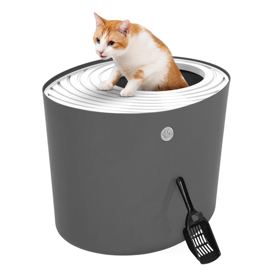 IRIS USA Gran arenero para gatos con entrada superior y pala, elegante caja redonda para gatos, arenero para gatitos, Gris oscuro/Blanco