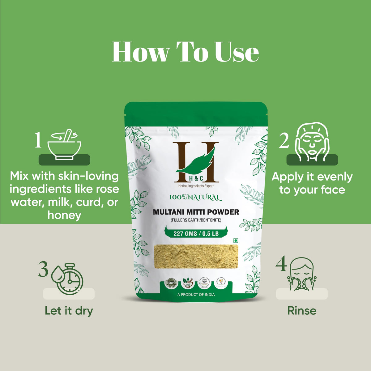 100% Pure Organically Processed Fuller's Earth Clay (Multani Mitti) Bentonite Clay- 1/2 LB - 227 gms - 8 oz