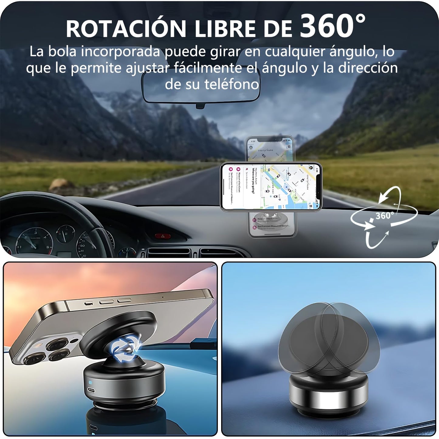 Soporte Celular Automóvil Magnético，sujetador de celular para auto giratorio de 360°，Con anillo magnético y ventosa，Compatible con todos los teléfonos móviles，Adecuado para parabrisas/salpicaderos