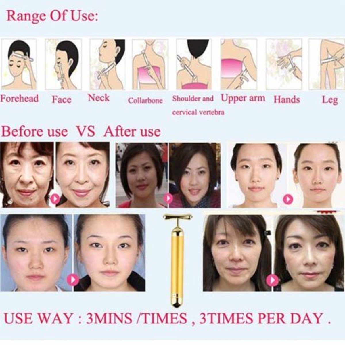 AnHua Waterproof Beauty Bar 24K Golden Anti-Aging PULSE SKIN CARE Gold Facial Roller Massage