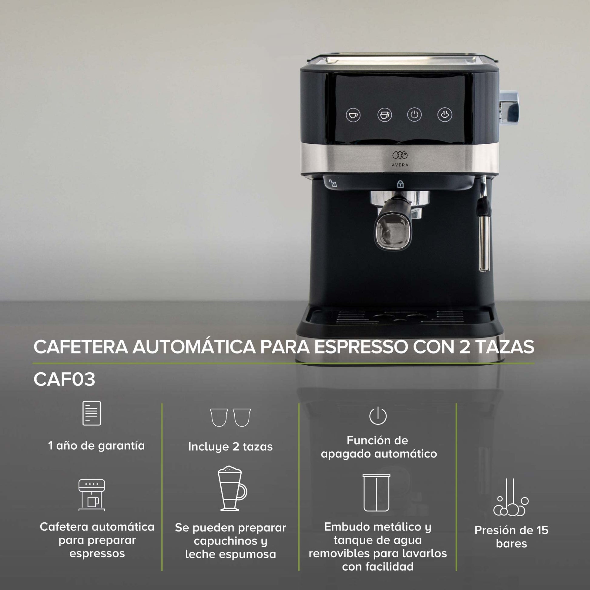 AVERA Cafetera Espresso y Capuchino con Espumador de Leche, Automatica, Incluye 2 Tazas, Tanque de Agua 800ml, 15 Bares, Color Negro y Acero Inoxidable, CAF03