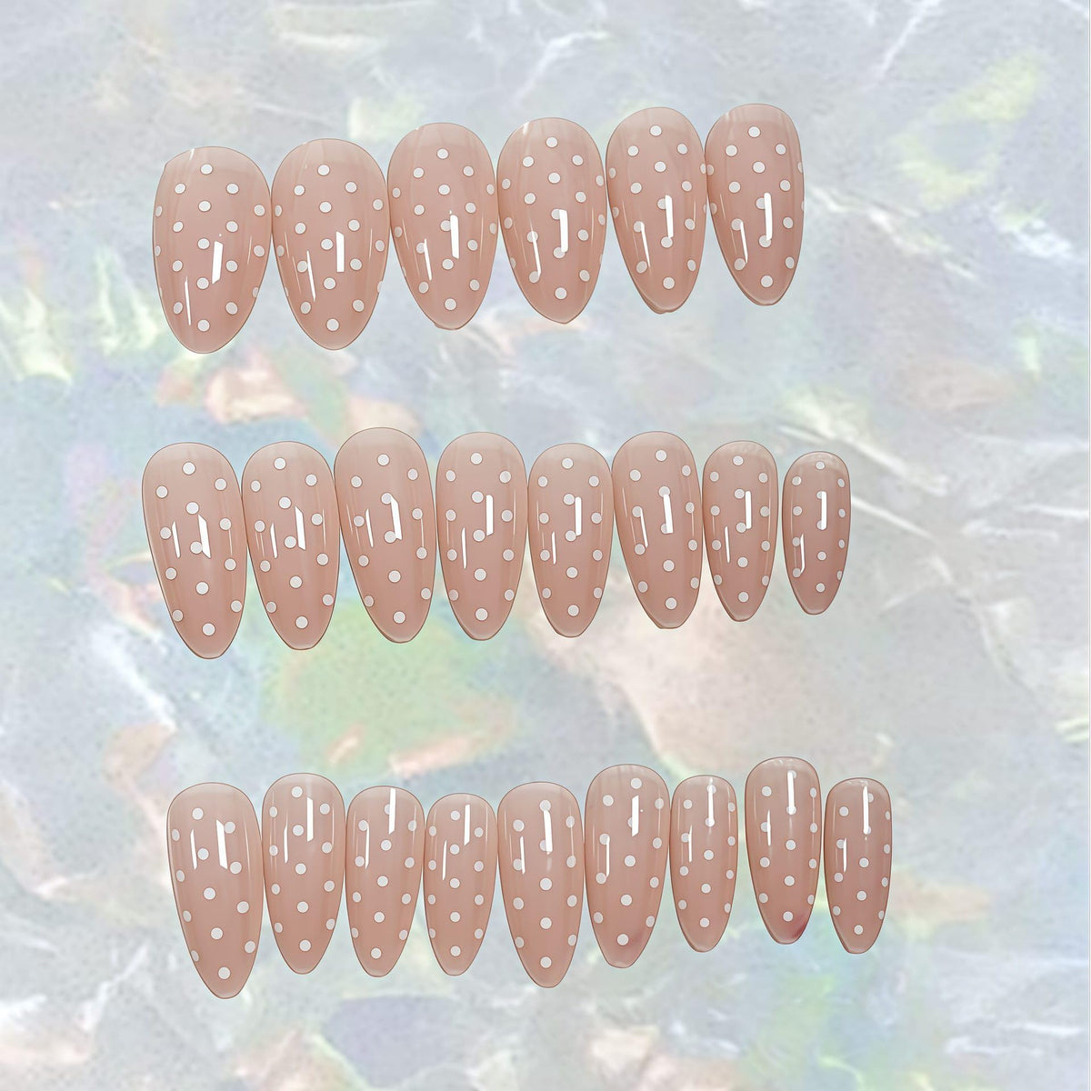SXVME Uñas postizas de San Valentín en almendra, rosa nude, tamaño mediano, con diseño de mini lunares blancos, reutilizables, de gel suave, para mujer, 24 unidades