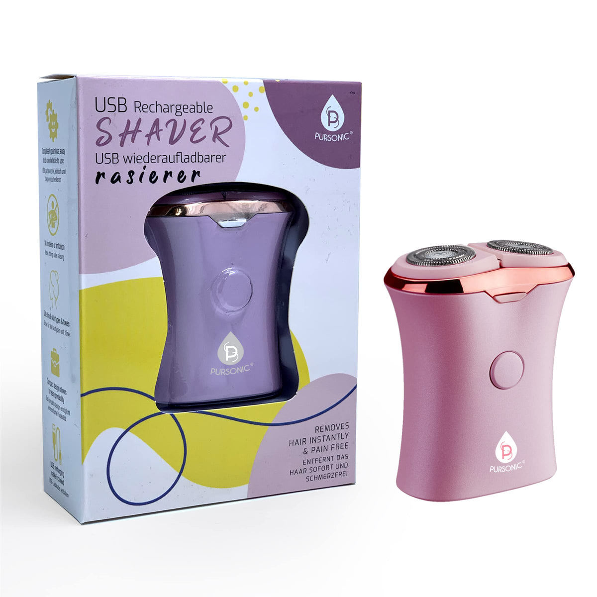 Pursonic Afeitadora recargable por USB, elimina el cabello al instante y sin dolor, diseño perfecto ideal para piernas, bikini, brazos y tobillos (rosa)