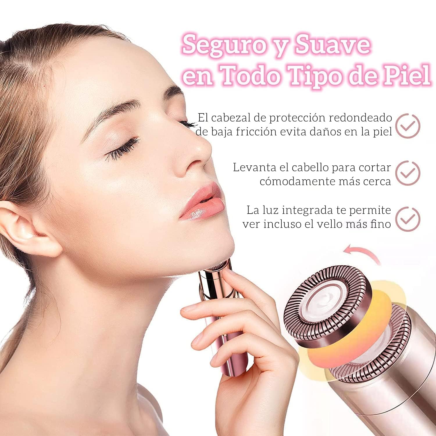 Depiladora Facial Mujer Sin Dolor, Depilador Electrico de Rostro Recargable, Removedor de Vello para Bikini/Axilas/Bigote/Barbilla/Brazos, 2 Cabezales de Repuesto Incluidos (Oro Rosa)