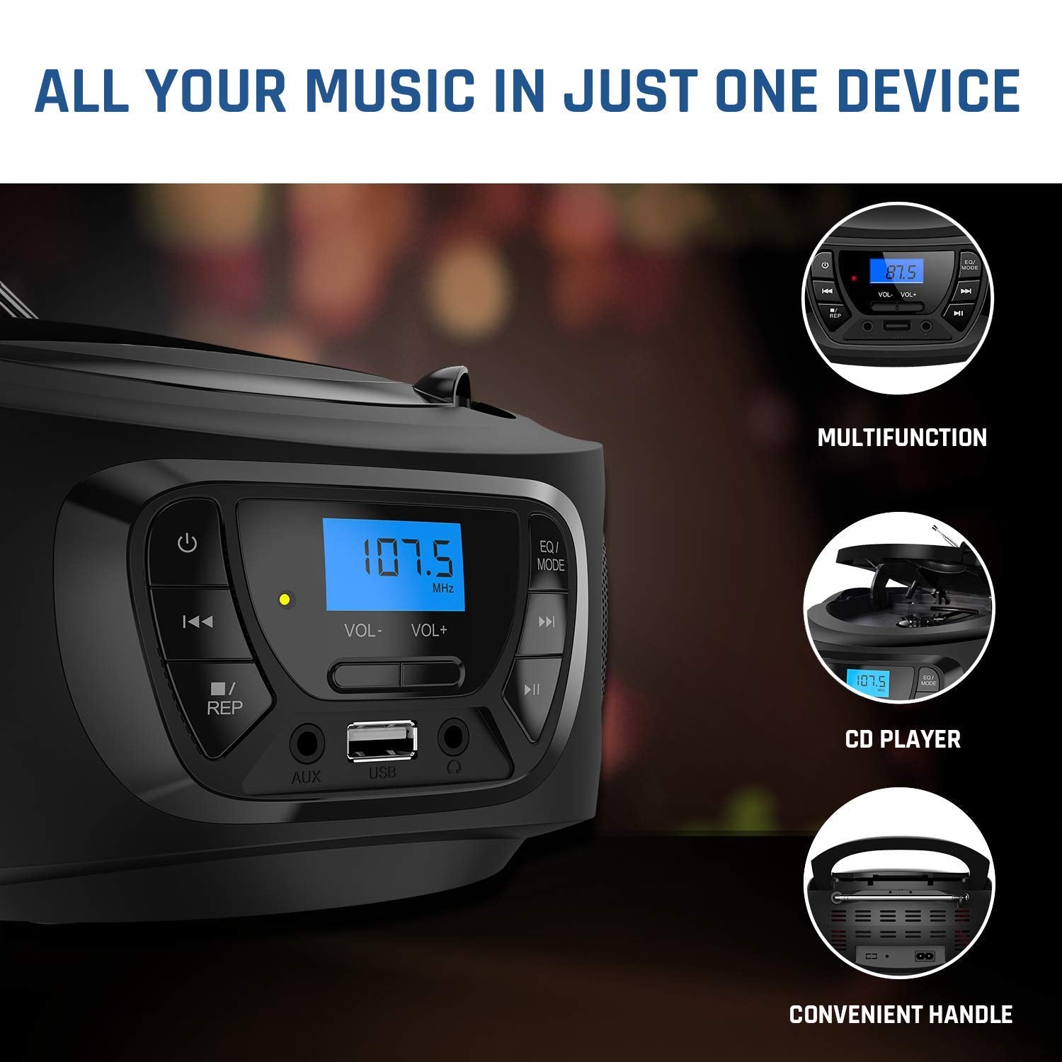 KLIM Boombox Sistema de Audio Portátil Radio FM, Reproductor de CD, Bluetooth, MP3, USB, AUX + Incluye Baterías Recargables + Modos Alámbricos e Inalámbricos , Negro (Reacondicionado)
