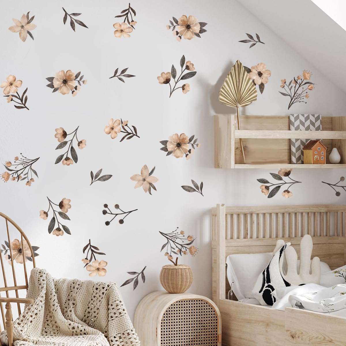 Calcomanías de pared de flores bohemias – Arte de pared de flores silvestres en acuarela, decoración de habitación para niñas y niños